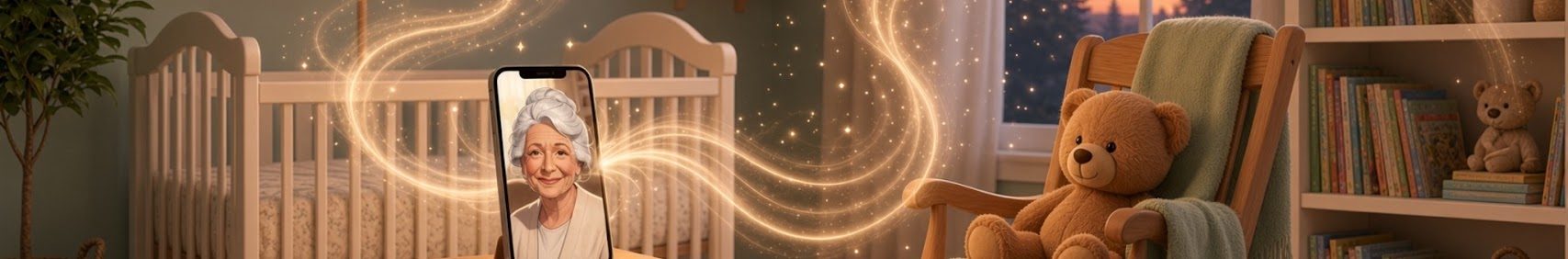 A cozy nursery with a phone showing a grandmother, glowing story light, and a teddy bear in a rocking chair